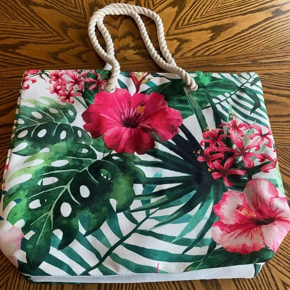 NWOT Tropical Canvas Tote Bag with Rope Handles - Picture 1 of 3